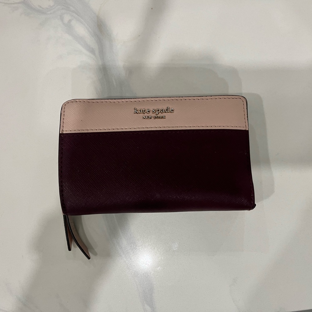 Kate Spade burgunghy/baby pink saffiano zippy wallet